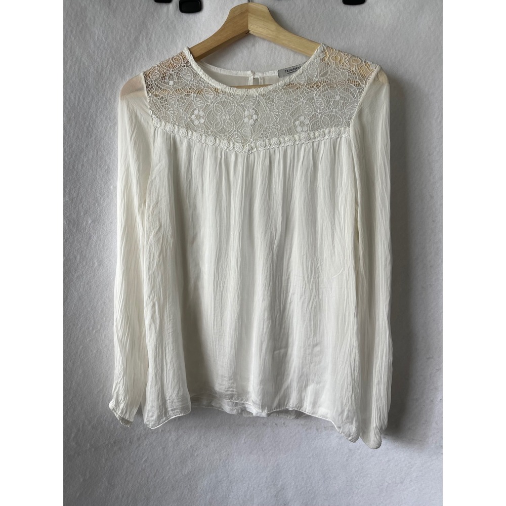 Tendenze Italy White 100% Silk Lace Yoke Crinkle Blouse Top Womens Size M 8703